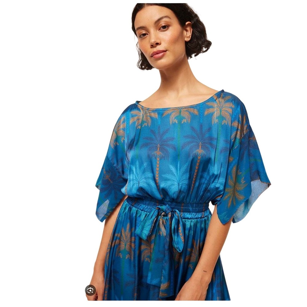 MISA Los‎ Angeles Blue Palm Tree Print Handkerchief Hem Dress Small NWT